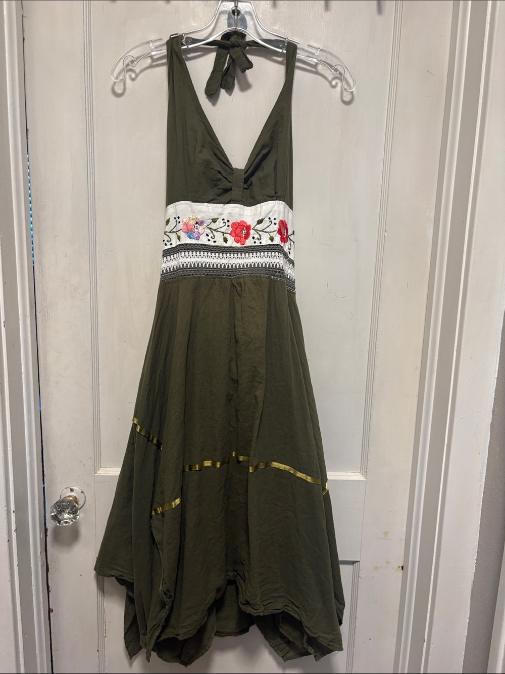Vintage Olive Green Halter Embroidered Waist Fairycore Goblincore Boho Sundress